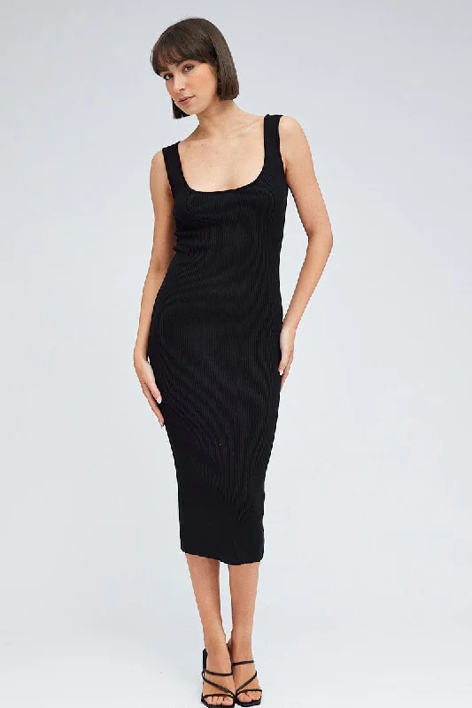 Black Knit Midi Dress Square Neck Sleeveless