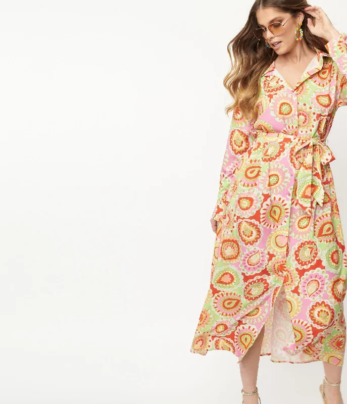 Pink & Green Paisley Print Midi Shirtdress