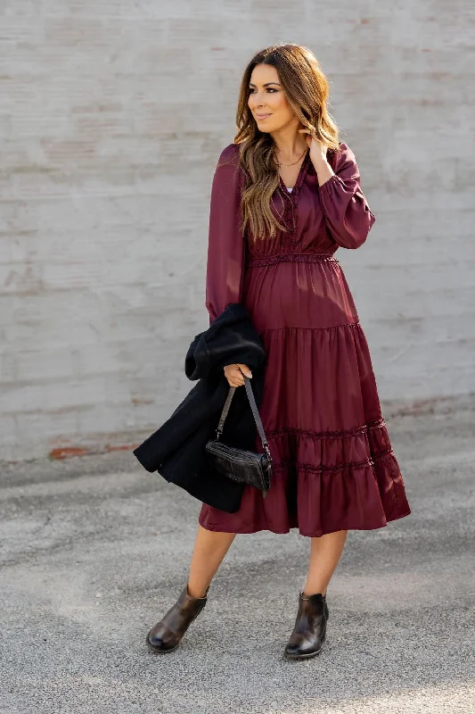 Ruffle Accented Long Sleeve Midi Dress