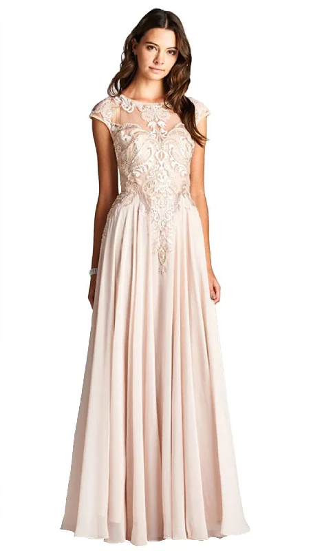 Aspeed Design - Applique Jewel Neck A-line Evening Dress