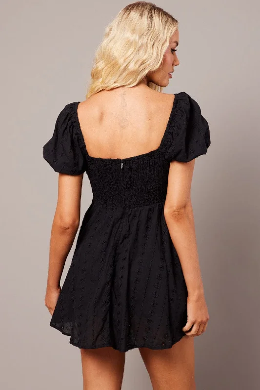 Black Fit And Flare Dress Puff Sleeve Eyelet