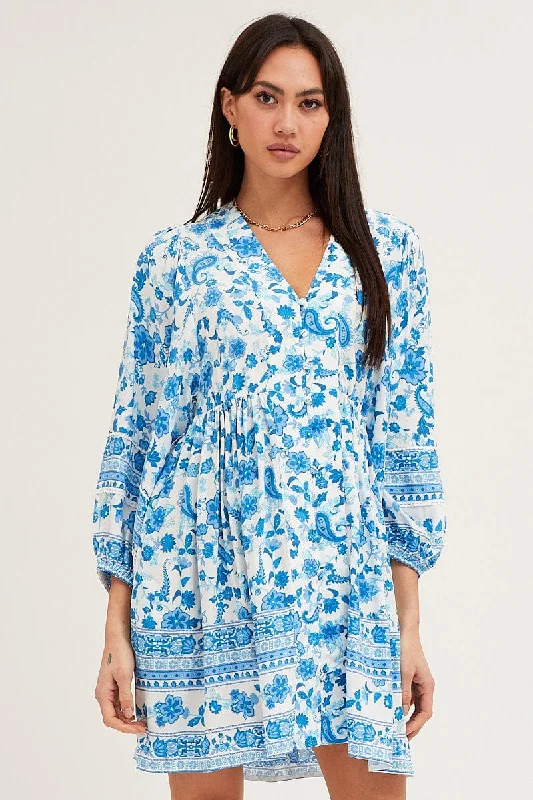 Boho Print Smock Dress Long Sleeve Mini V Neck