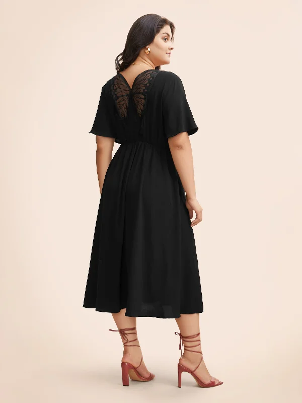 Butterfly Mesh Round Neck Ruffle Sleeve Dress