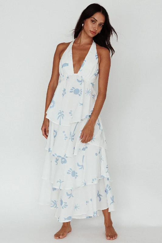 Catalina Tiered Ruffle Maxi Dress White Blue