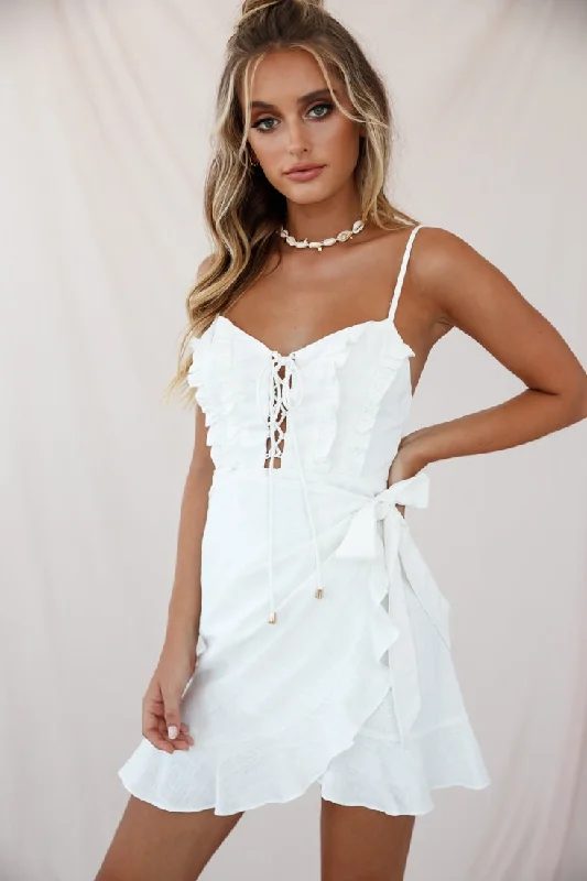 Come Hither Wrap Front Lace-Up Bust Dress White