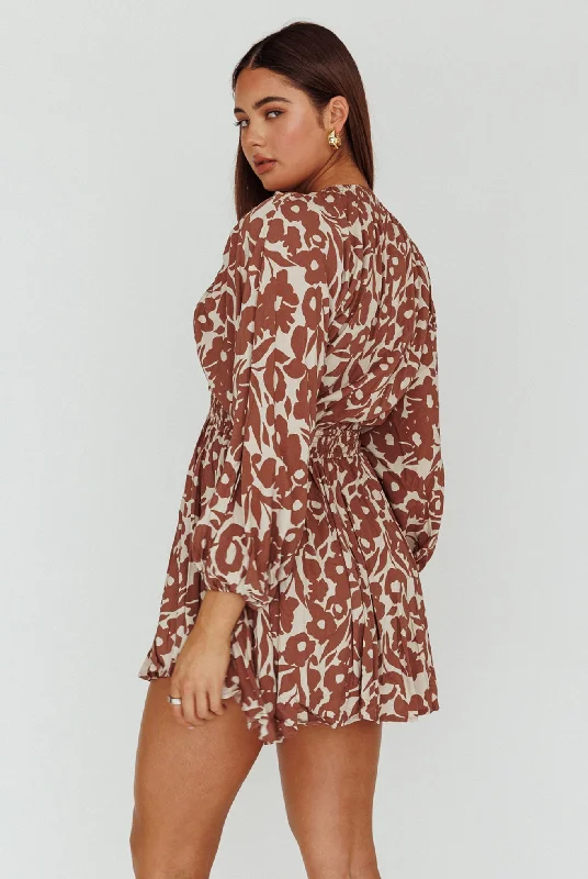 Going Your Way Long Sleeve Mini Dress Floral Brown