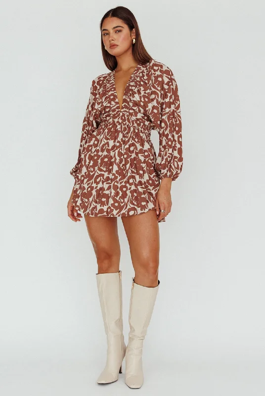 Going Your Way Long Sleeve Mini Dress Floral Brown