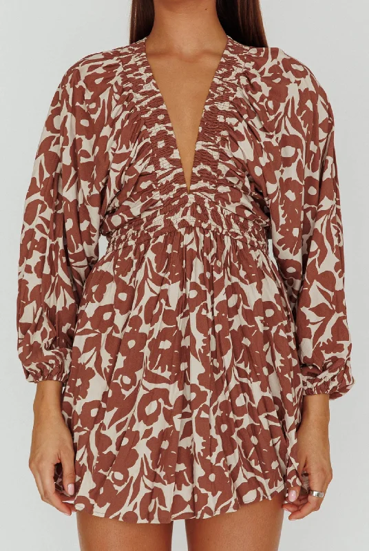 Going Your Way Long Sleeve Mini Dress Floral Brown