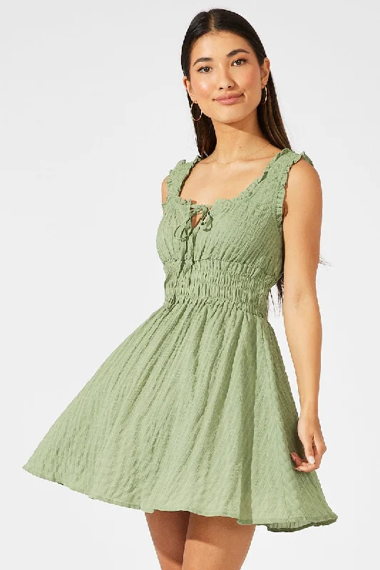 Green Fit and Flare Dress Sleeveless Shirred Waist