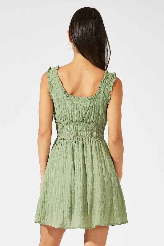 Green Fit and Flare Dress Sleeveless Shirred Waist