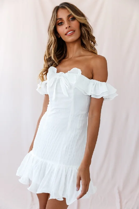 Heaven Bardot Neckline Ruffle Trim Dress White