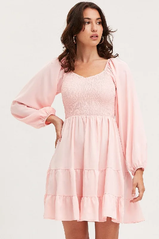 Pink Shirred Dress Long Sleeve Mini