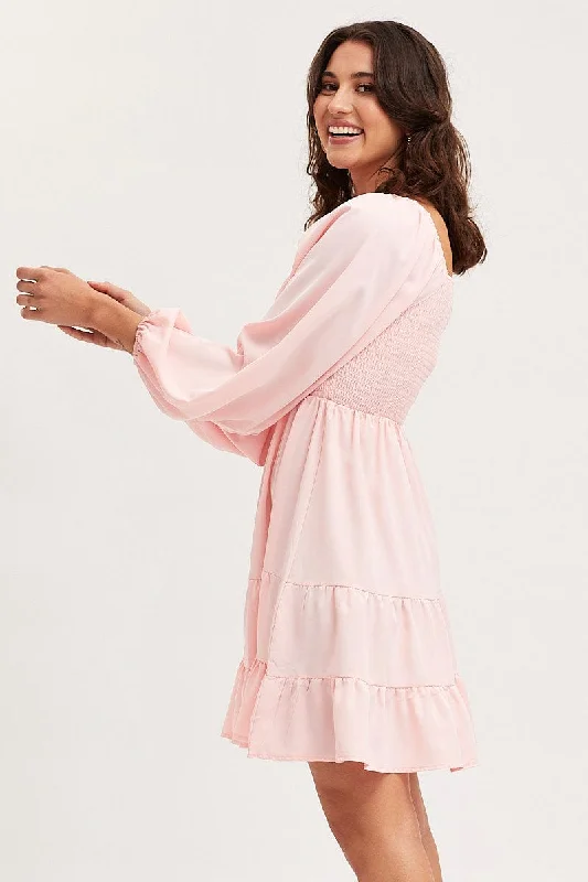 Pink Shirred Dress Long Sleeve Mini