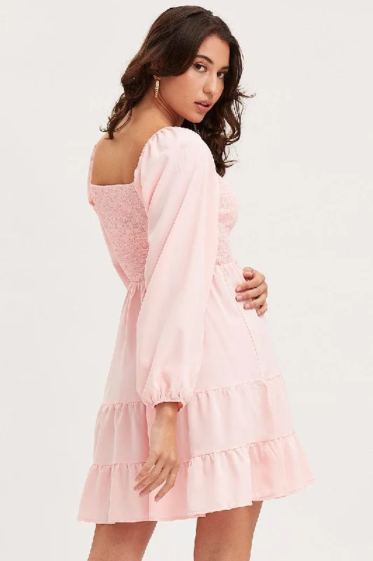 Pink Shirred Dress Long Sleeve Mini