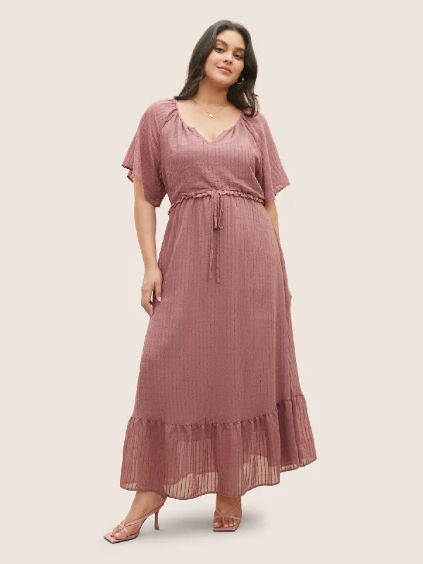 Solid Striped Notched Ties Up Pocket Flutter Maxi Dress