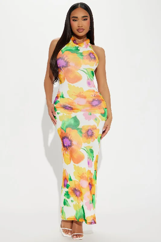 Whimsical Floral Charm Maxi Dress - Orange/combo