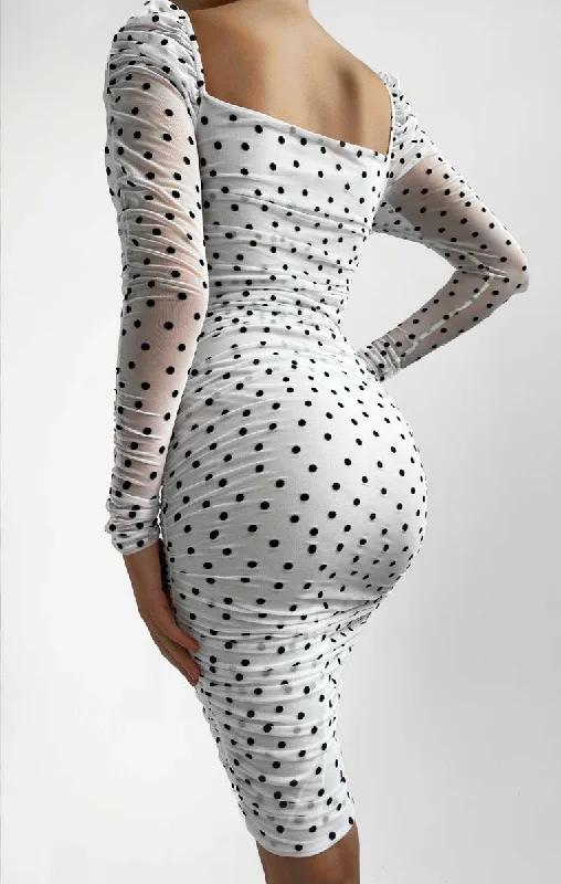 White & Black Polka Dot Mesh Long Sleeve Ruched Midi Dress - Aria