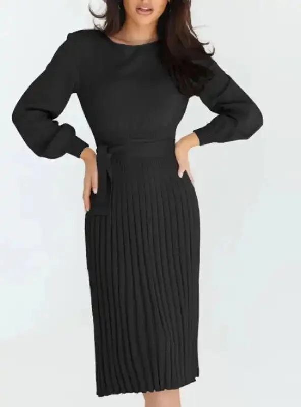 Women’s slim pleated mid-length bottoming sweater dress