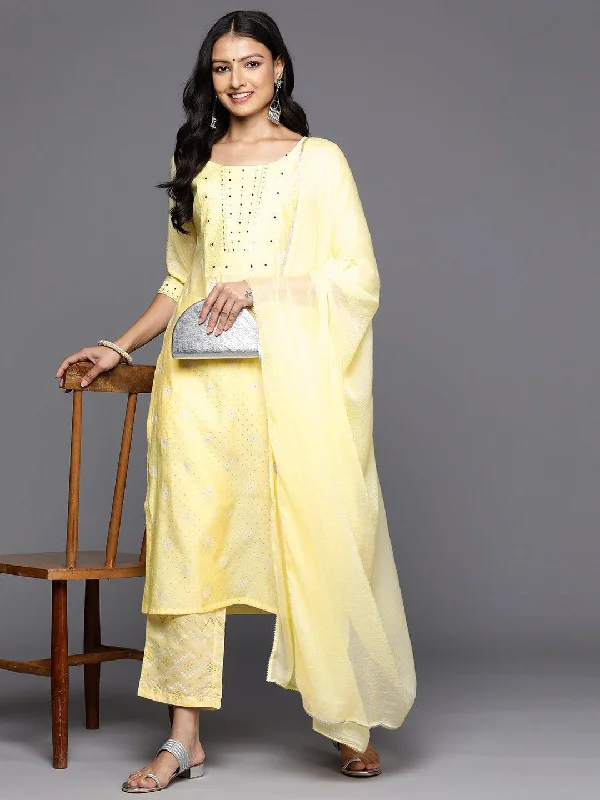 Yellow Printed Silk Blend Straight Kurta With Trousers & Dupatta