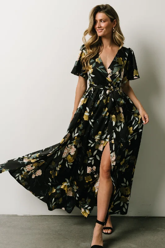 Sicily Satin Maxi Dress | Black Floral