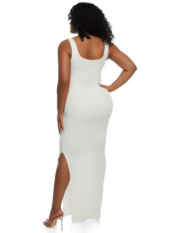 Haute Monde Ribbed Scoop Neck Side Slit Maxi Tank Dress