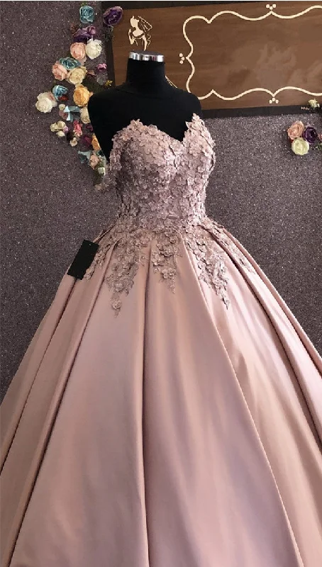 3D Lace Flowers Embroidery Sweetheart Satin Wedding Dresses Ballgown