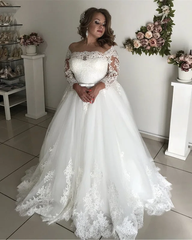 A-line Illusion Lace Long Sleeves Tulle Wedding Dresses Plus Size