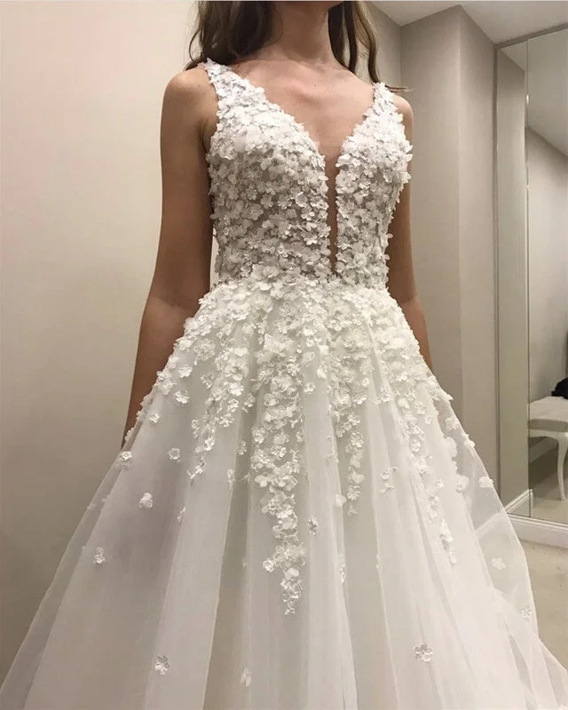 A Line Wedding Dresses Tulle V Neck With 3D Flowers