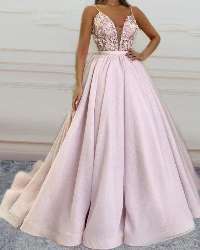 Ball Gown Satin Dresses Plunge Neck With 3D Floral Lace