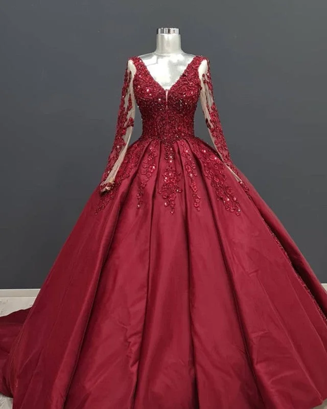 Ball Gown Long Sleeves Lace Appliques Satin V Neck Dresses