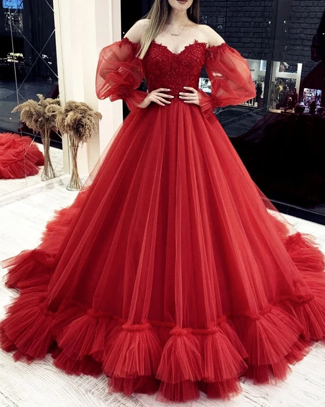 Tulle Ruffles Off Shoulder Ball Gown Dresses Removable Sleeves