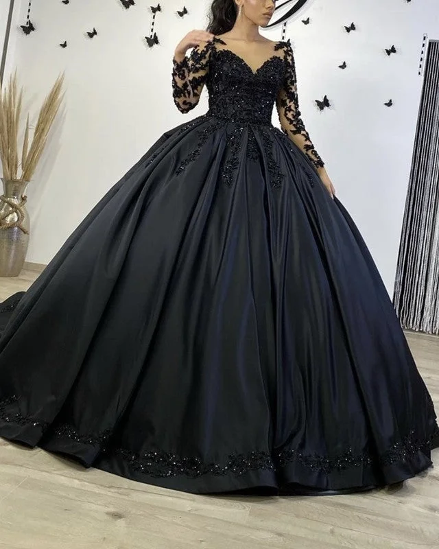 Lace Beaded Long Sleeves Ball Gown Satin Dresses