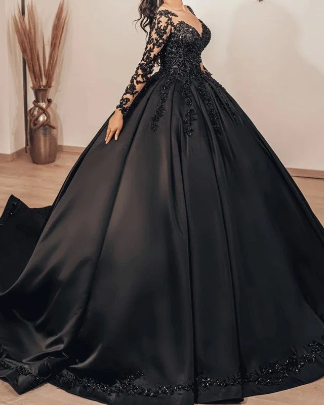 Lace Beaded Long Sleeves Ball Gown Satin Dresses