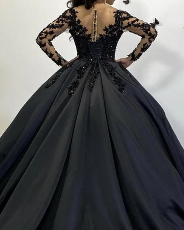 Lace Beaded Long Sleeves Ball Gown Satin Dresses