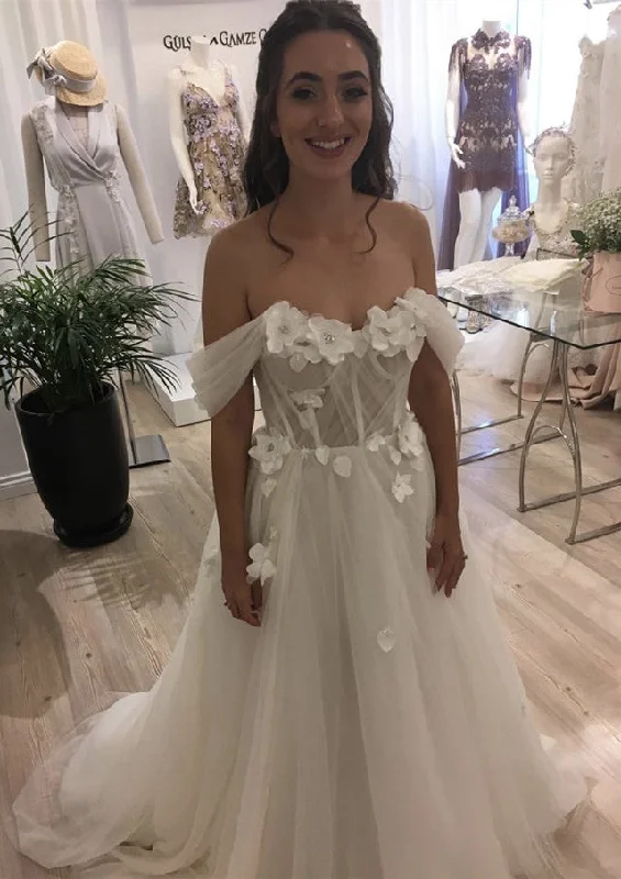 Beautiful Flowers Beaded Off Shoulder Tulle Wedding Dresses