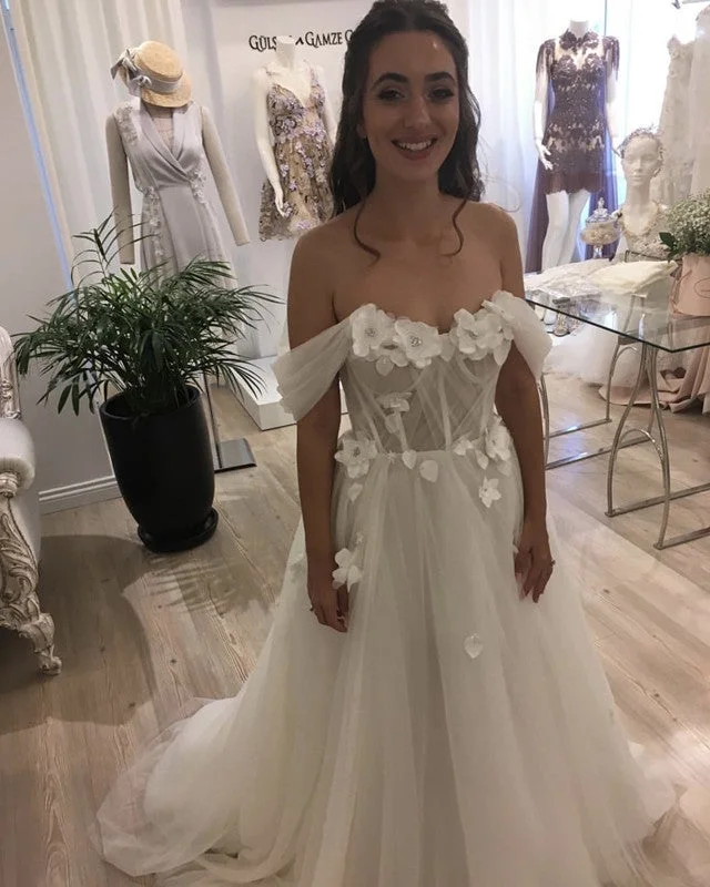 Beautiful Flowers Beaded Off Shoulder Tulle Wedding Dresses