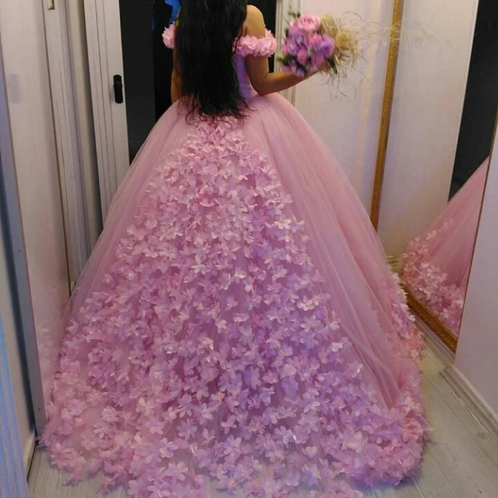 Beautiful Pink Flower Wedding Dresses Ball Gowns Off Shoulder