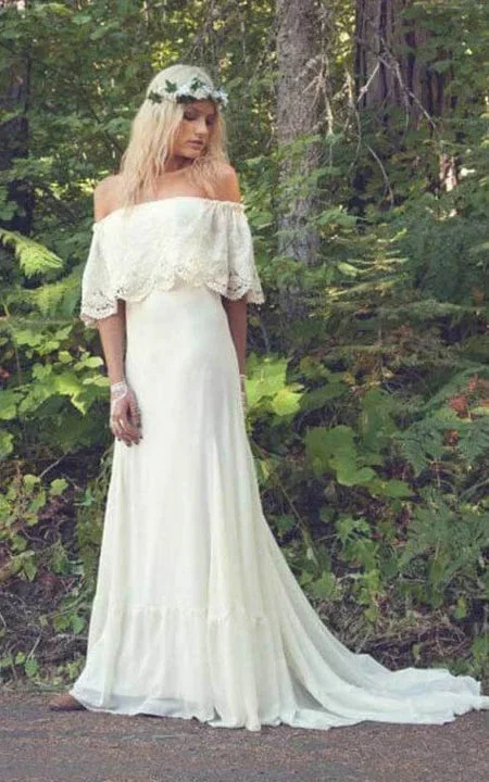 Boho Off-the-shoulder Lace Country Chiffon Casual Wedding Dress