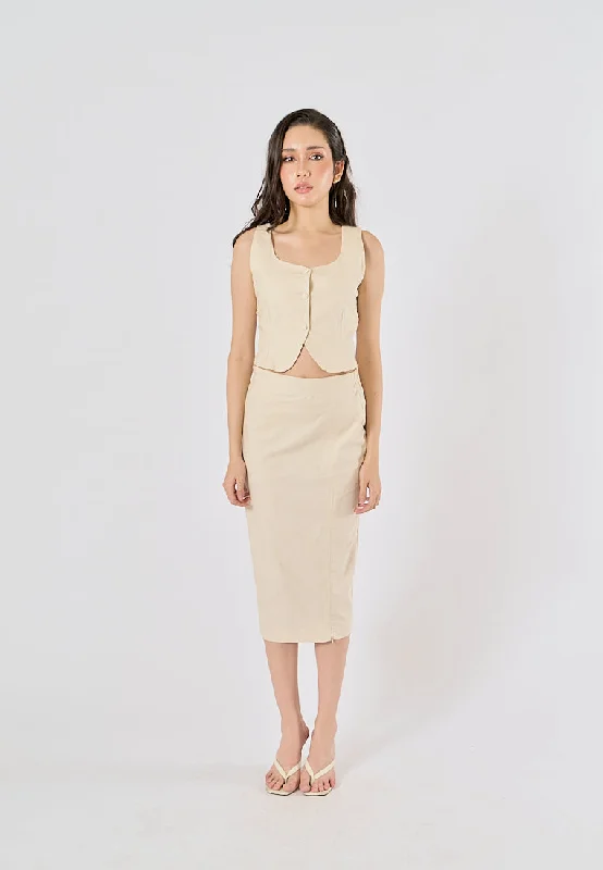 Cerviel Beige Zipper Fly WIth Side Slit Midi Pencil Skirt