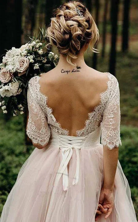 Country Outdoor Bateau-neck Half-sleeve Lace Empire A-line Tulle Corset Back Wedding Dress