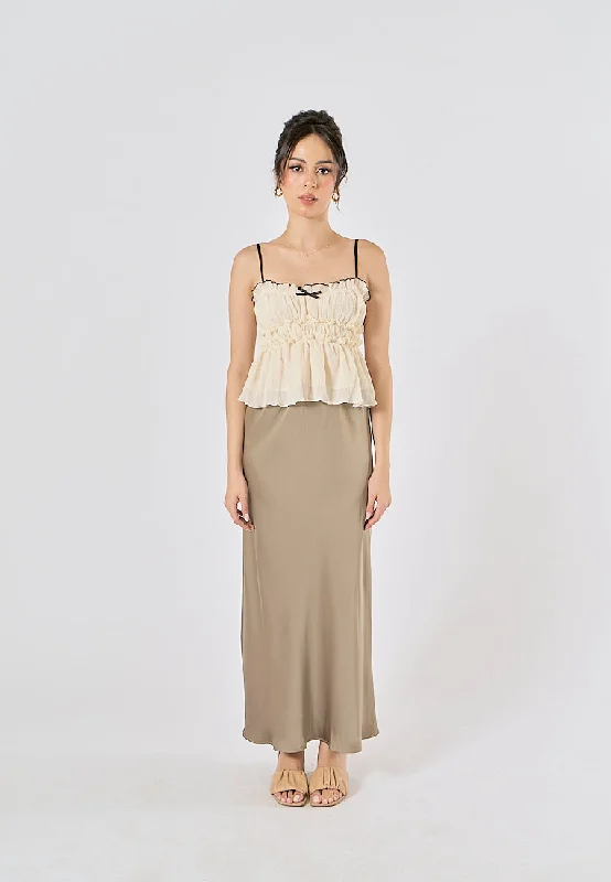 Sanity Khaki Satin Elastic Waist A-Line Maxi Skirt