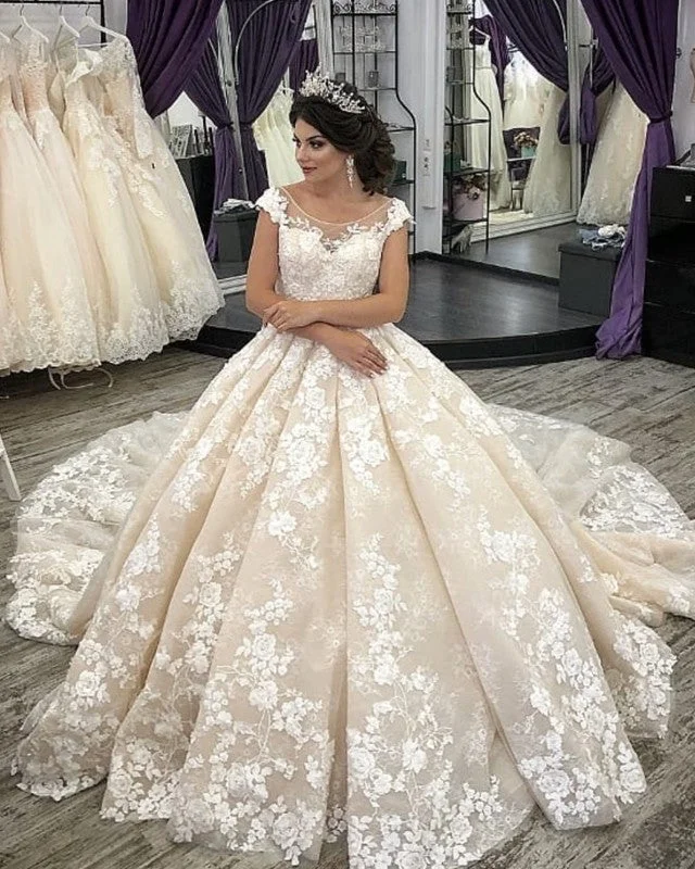 Sweep Train Cap Sleeves Ball Gown Lace Wedding Dress