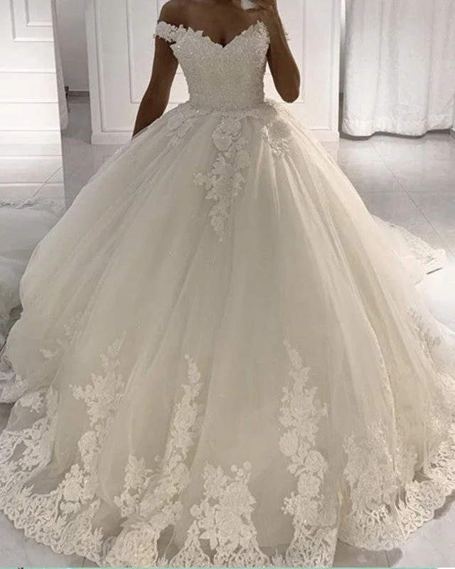 Tulle Ball Gown Wedding Dress Lace Edge Off Shoulder