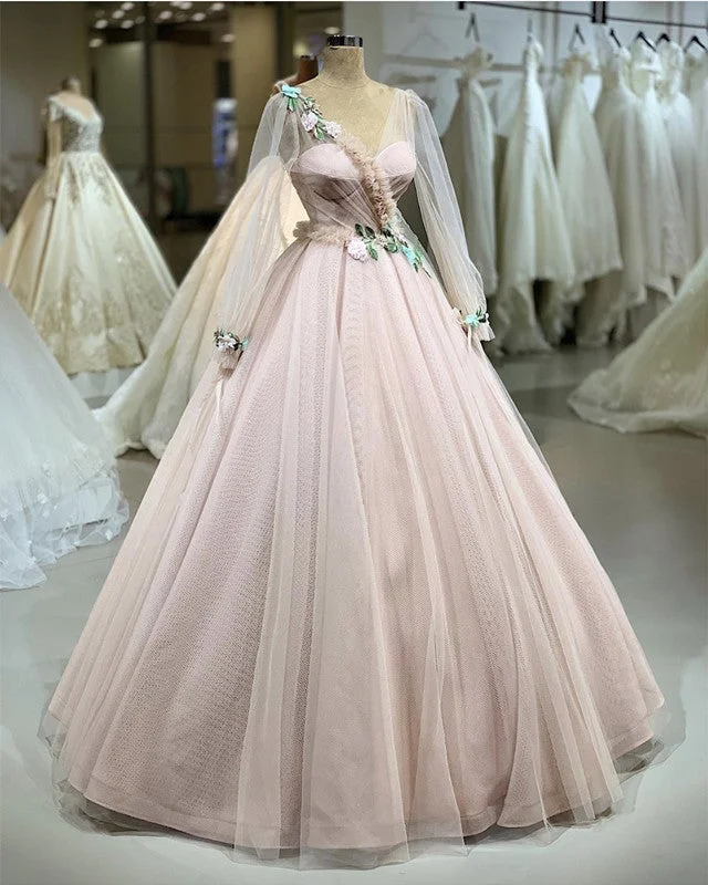 Tulle V Neck Long Sleeves Ball Gown With 3D Flowers