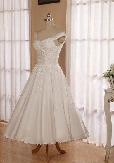 V-Neck Sleeveless Button Back Tea-Length Satin Wedding Dress