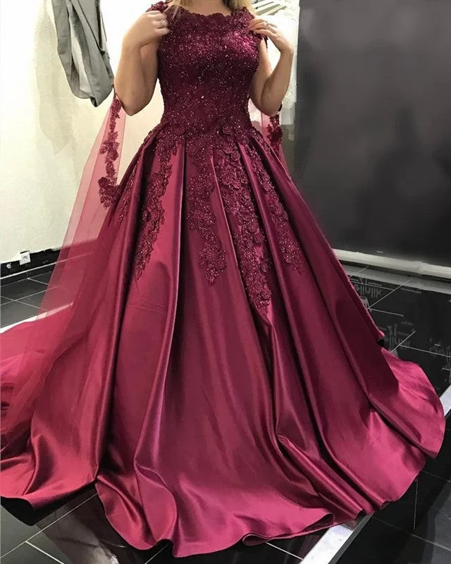 Modest Burgundy Ball Gown Satin Dress Lace Cap Sleeves