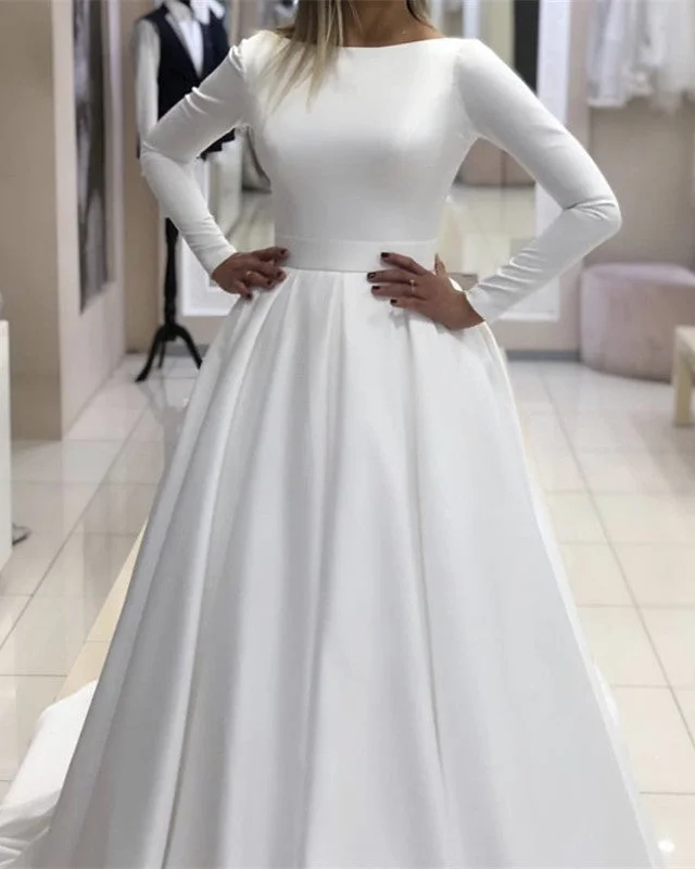 Vintage Long Sleeves Satin Backless Wedding Dresses