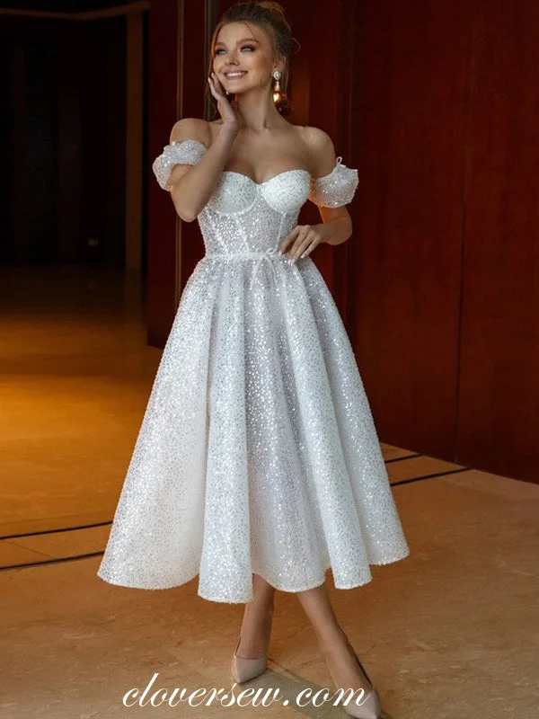 White Sequined Tulle Off The Shoulder Sweetheart Short Wedding Dresses, CW0350