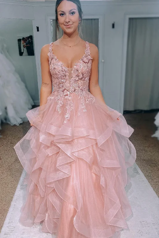 Limited Deals, Unlimited Savings!Asymmetrical Blush Long Prom Dress with Appliques