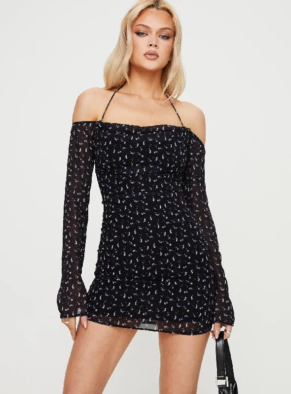 Limited Time Offer!Tisha Off The Shoulder Mini Dress Black Floral